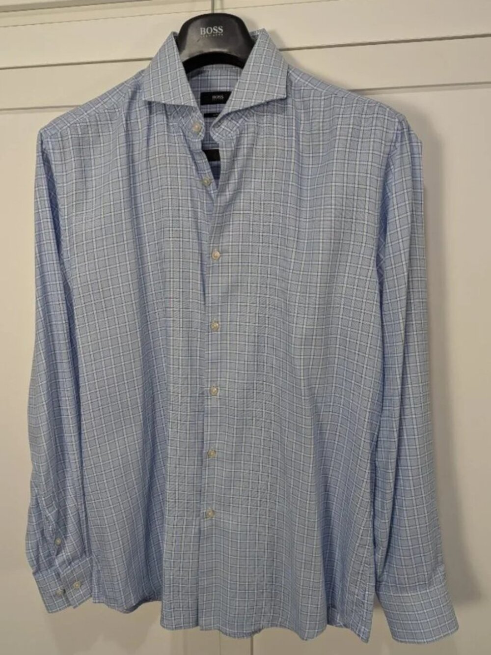 Hugo Boss Slim Fit Dress Shirt Blue Windowpane Check Size 17 / 43 XL